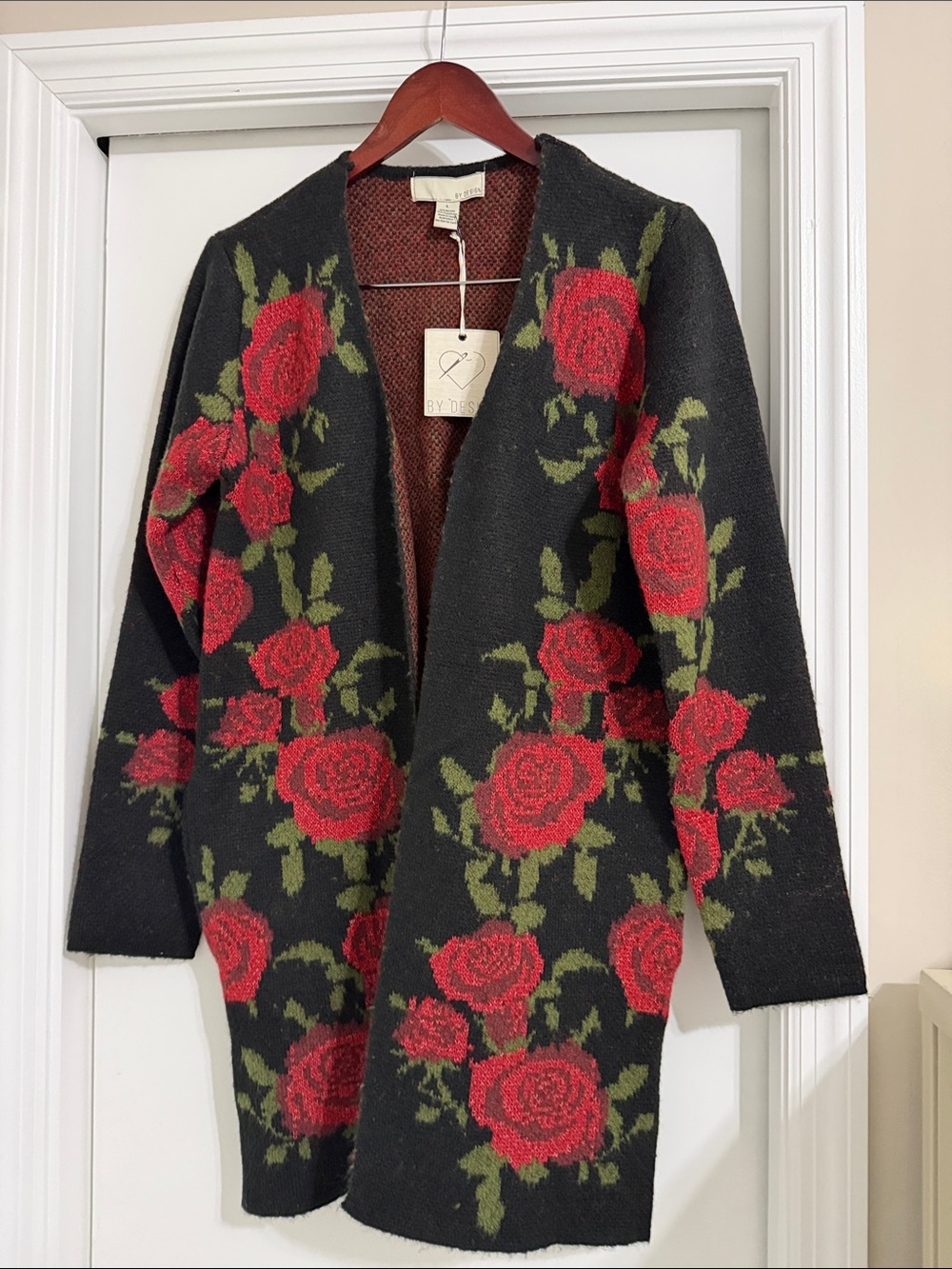 🍁🌾 By Design Black Rose-Print Open Front Sweater Cardigan